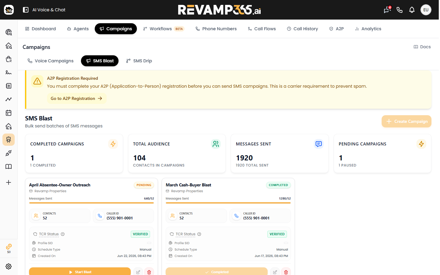 The SMS Blast tab under AI Voice & Chat Campaigns