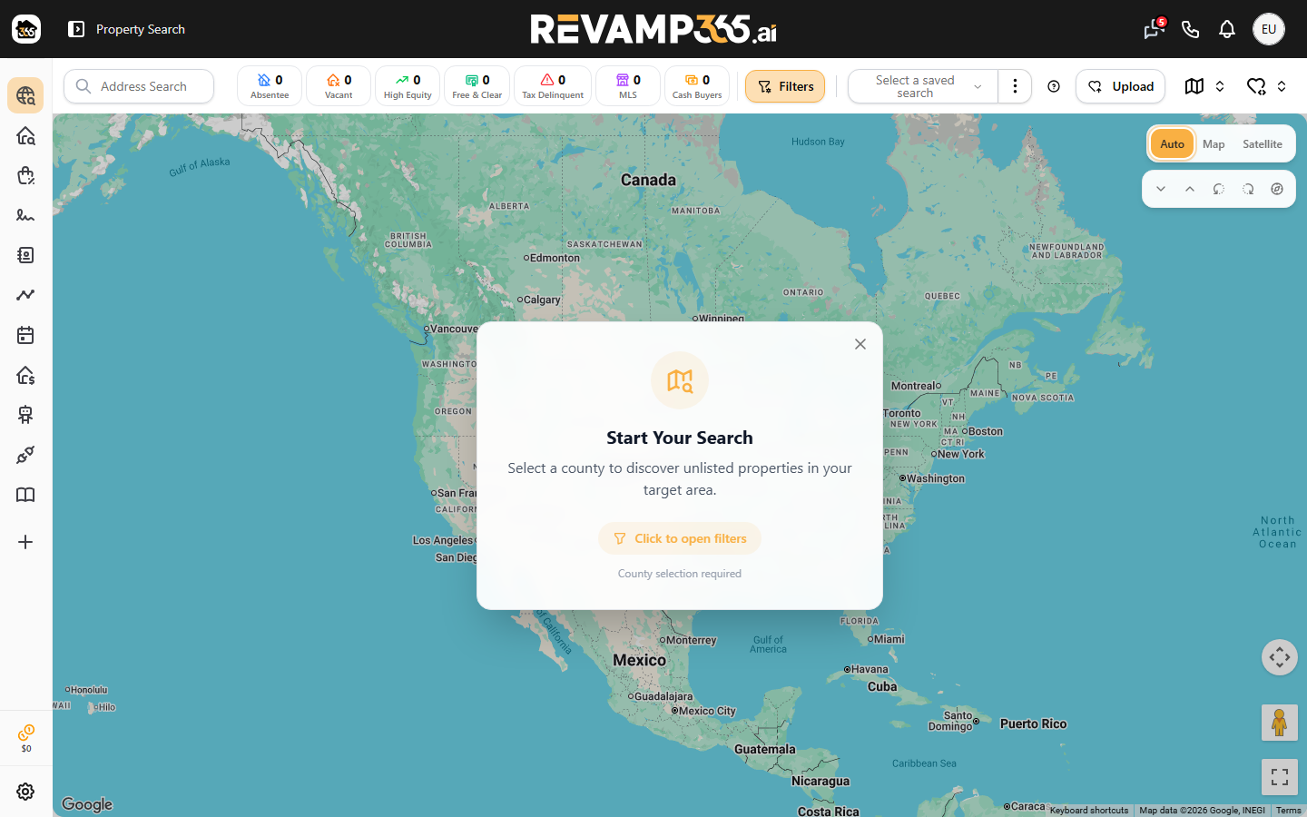 The off-market property search screen with map and filter toolbar