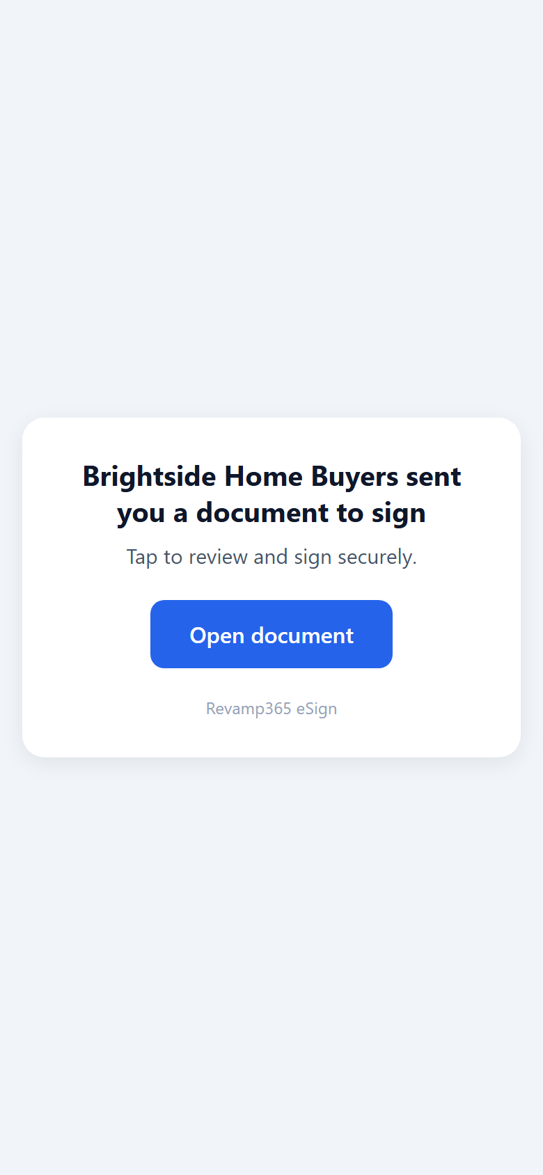 The link page a signing link opens, with the Open document button