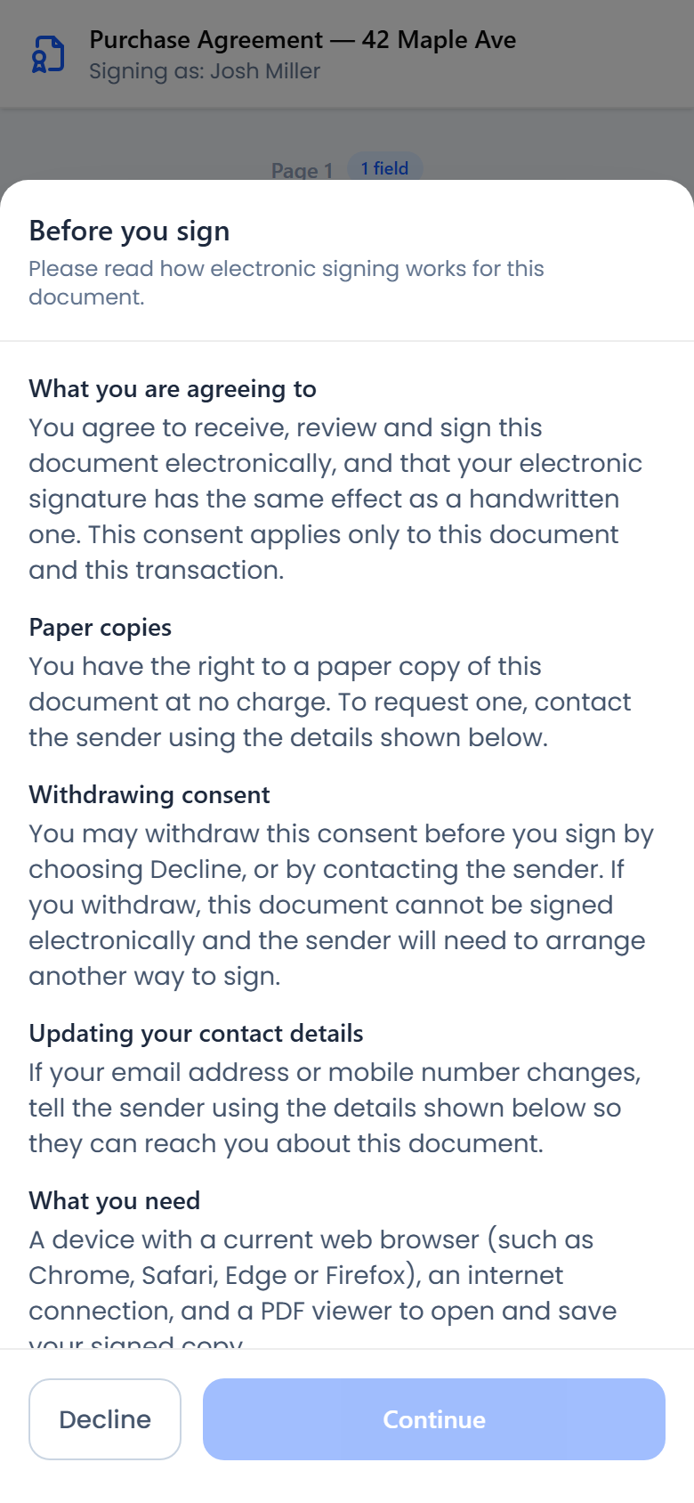The Before you sign consent sheet on a phone