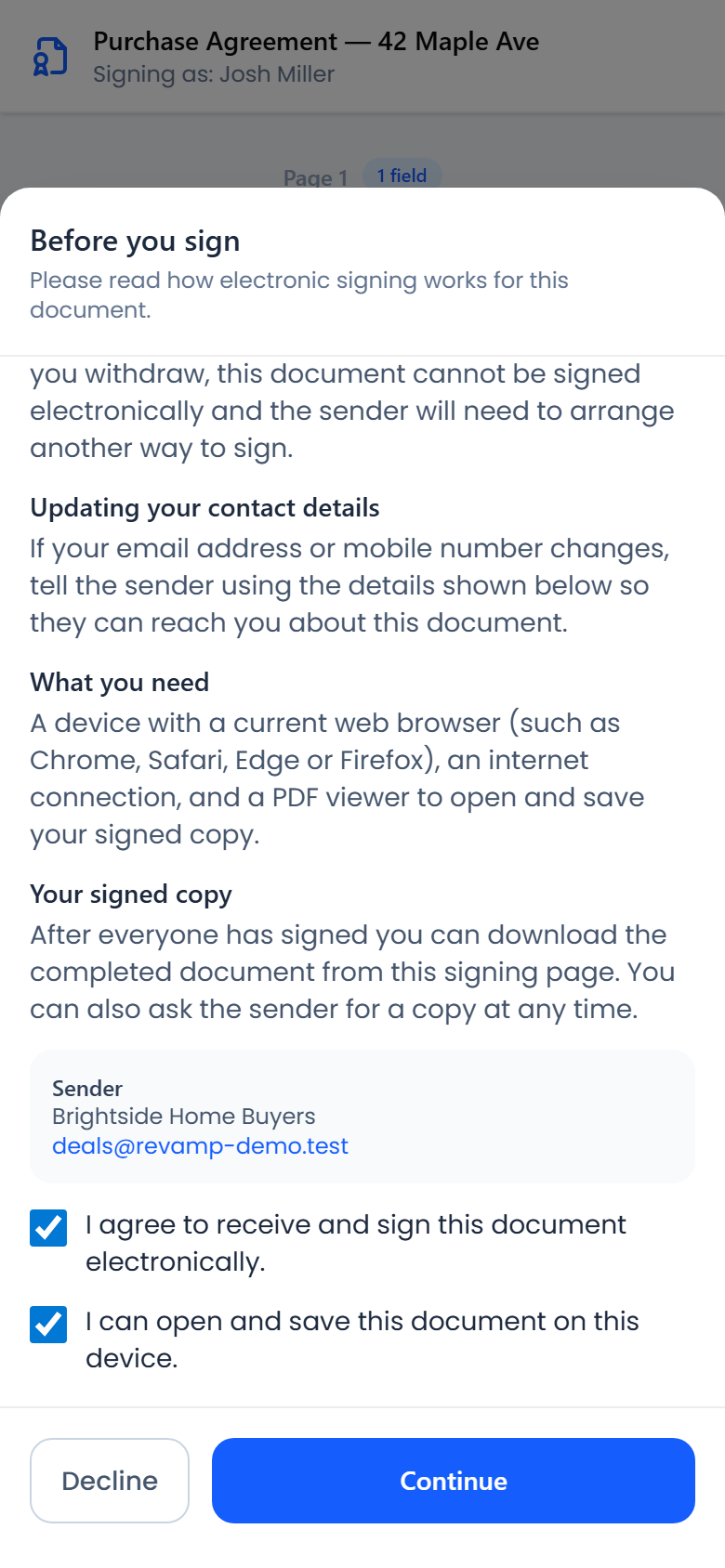 Both consent boxes ticked and the Continue button