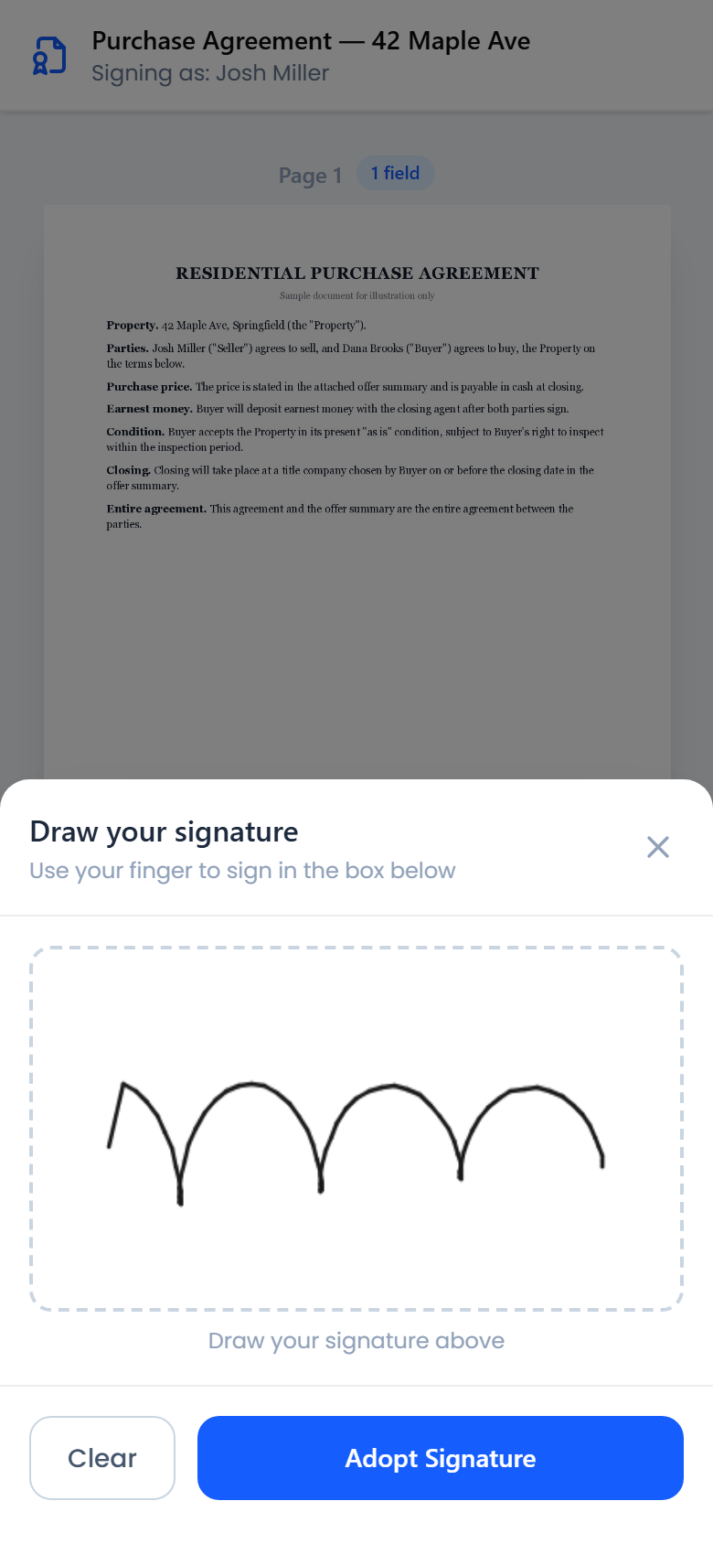 Drawing a signature with a finger on the signature pad