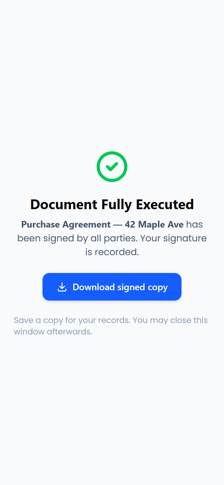 The Document Fully Executed screen with the Download signed copy button